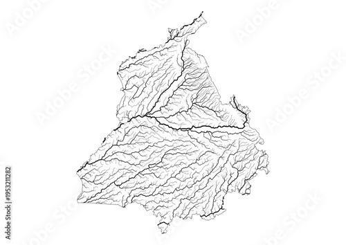 Punjab River Map Minimalist Hydrology Line Art Pen Plotter Map Poster Wall Decor