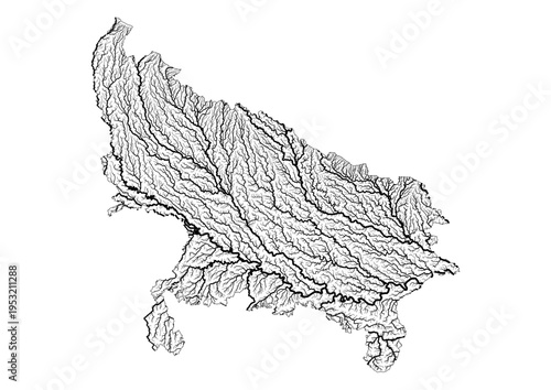 Uttar Pradesh River Map Minimalist Hydrology Line Art Pen Plotter Map Poster Wall Decor