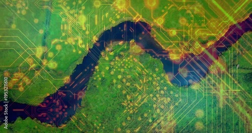 Vertical video: Gold circuit overlay tracing river via data feed pulsing nodes mapping flow for IT