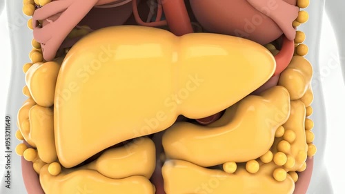 Unhealthy fat accumulation from fast food diets, excess lipids collecting in liver and abdominal tissues