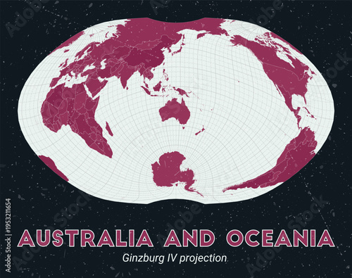 Australia and Oceania. World map. Ginzburg IV projection centered to Australia and Oceania. Pale Mint Dark Pink palette. Vintage texture. Elegant vector illustration.