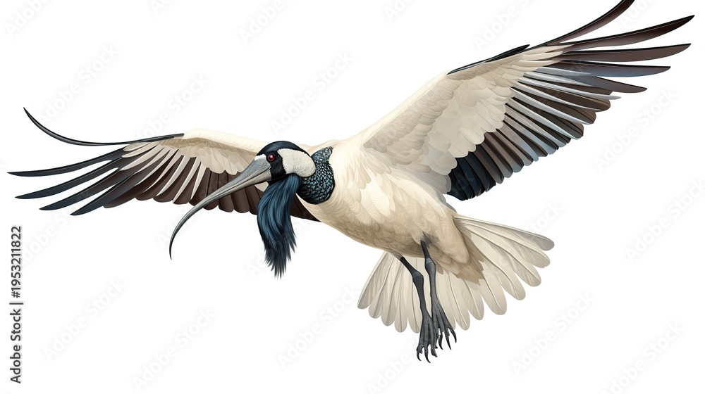 Obraz premium Majestic White Stork with Broad Black-Tipped Wings Soaring Gracefully in Flight