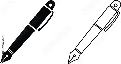 Fountain Pen Icon Set Solid and Outline Vector Vector