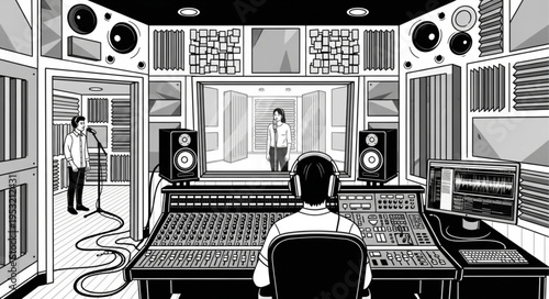 Monochrome Music Studio Scene with Mixing Console and People.