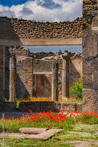 The ancient architecture at Pompeii Archaeological Site, Italy, on a sunny day.