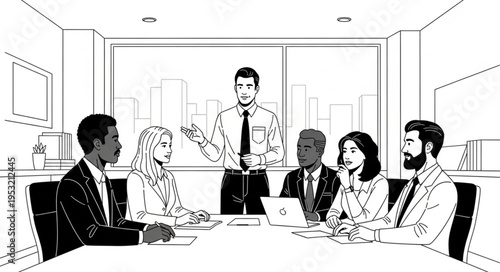 Business Meeting - Leader Presenting to Diverse Team in Conference Room.