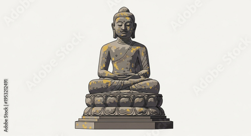 Detailed Stone Buddha Statue in Meditative Pose on White Background.