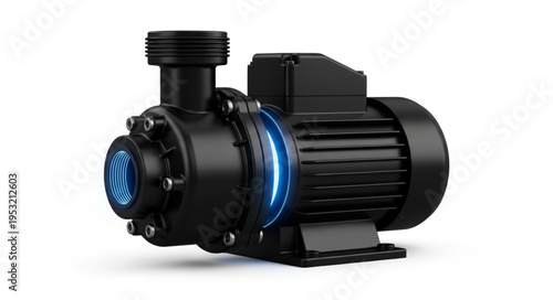 Black Industrial Water Pump with Blue Light Accents.