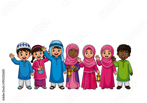 Diverse group of children wearing traditional clothing from around the world standing together