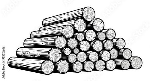 Detailed illustration of a stacked pile of logs, woodpile.
