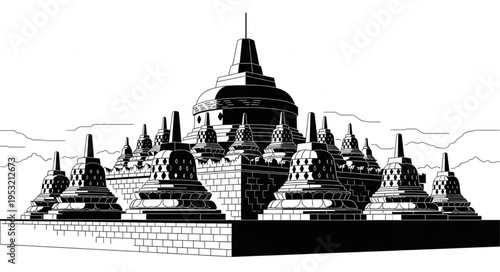 Monochrome depiction of Borobudur Temples stupas, a historical Buddhist monument.