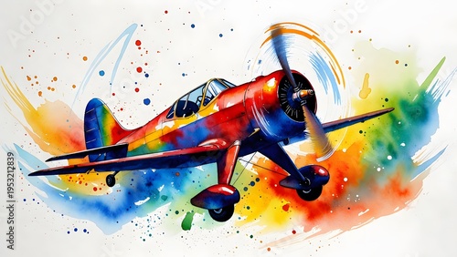 Colorful watercolor illustration of a classic biplane in flight with artistic paint splatters and vibrant colors