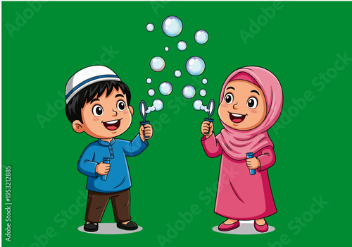 Diverse kids playing with bubbles outdoors happily