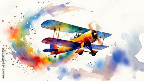 Vibrant Watercolor Painting of a Classic Vintage Biplane Soaring Through Colorful Artistic Paint Splashes and Energy