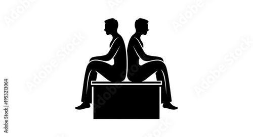 Silhouette of two people sitting back to back on a bench.