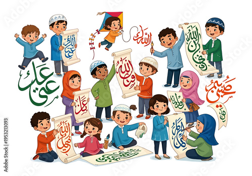 Children learning Arabic calligraphy with colorful letters