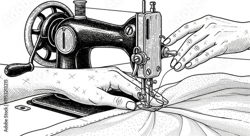 Vintage Sewing Machine in Operation with Hands Guiding Fabric.