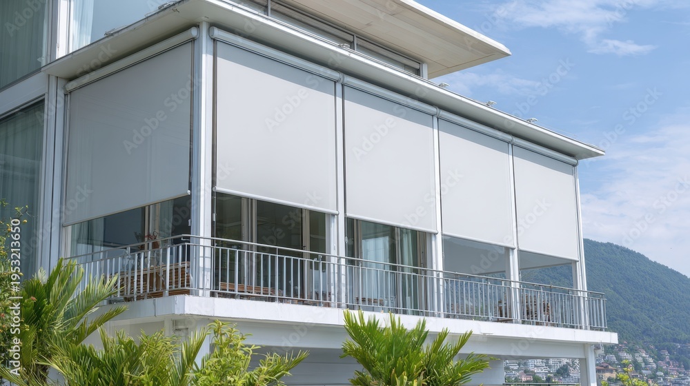 Obraz premium Stunning photo of modern outdoor roller blinds on a building balcony for solar protection and privacy.