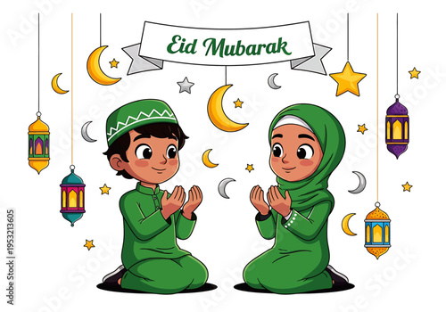 Children in green clothes praying together on festive occasion with crescent moons and stars
