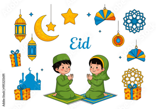 Two kids in green robes praying on colorful mats surrounded by festive decorations and gifts on Eid celebration
