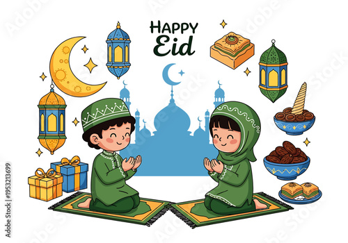 Children in green praying on colorful mats with festive decorations around them on a special religious occasion