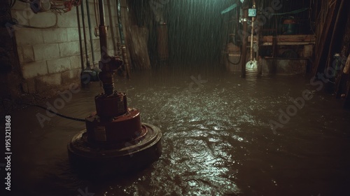 Stunning photo of submersible sump pump operating in heavy rain within a dark basement or drainage pit.