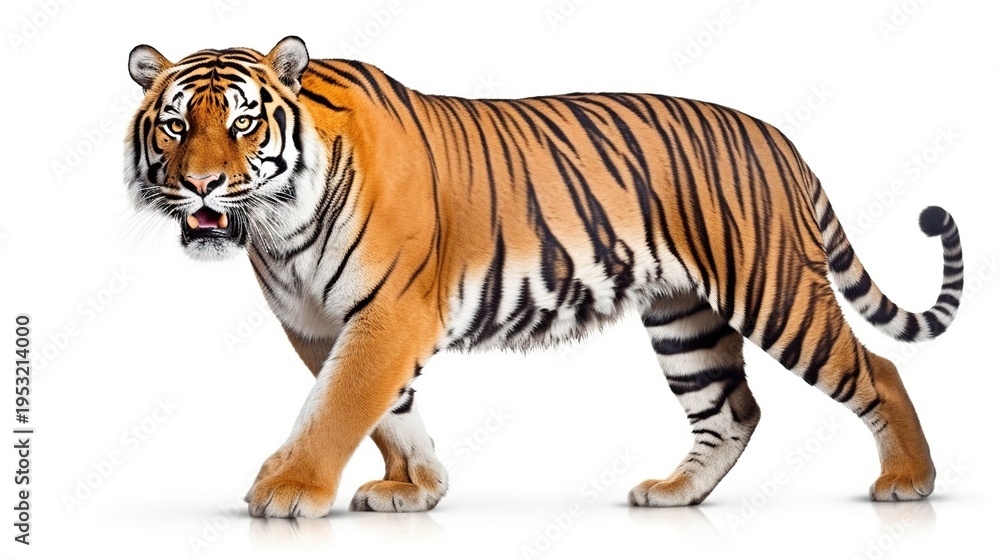 Fototapeta premium Photorealistic Bengal tiger strolling majestically across a plain white studio background
