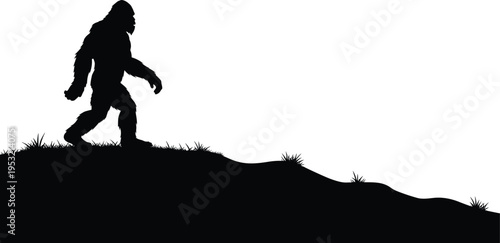 bigfoot sasquatch silhouette walking in wilderness, mythical creature concept, forest legend mystery, isolated black illustration, folklore animal, nature landscape scene