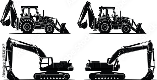 construction machinery set silhouette, excavator and backhoe loader equipment, heavy industrial vehicles collection, engineering work machines, isolated black illustration, building concept