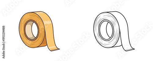Adhesive tape roll illustrations in flat color and black linear outline styles in yellow and white colors for stationery and packaging isolated on white background