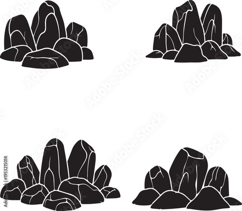 Abstract solid black fill clean silhouette vector design of rocks on a transparent background