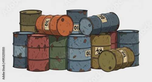 Pile of Colorful Oil Drums - Industrial Storage and Resource Depletion.