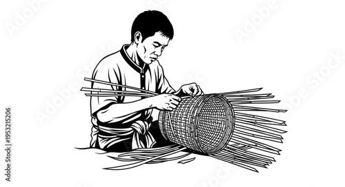 Man Weaving Basket with Focused Concentration and Traditional Technique.