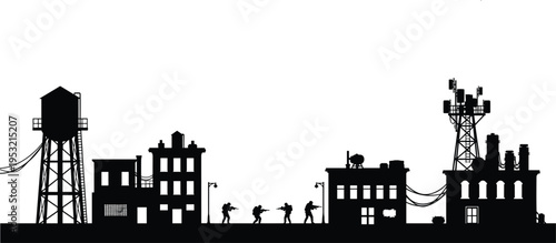Military, soldiers, silhouette, city, urban, warfare, battle, combat, street, industrial, vector, building, water, tower, antenna, sniper, tactical, mission, apocalypse, base.