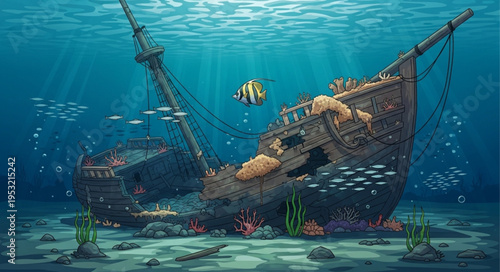 Sunken Shipwreck Teeming with Marine Life in the Depths of the Ocean.