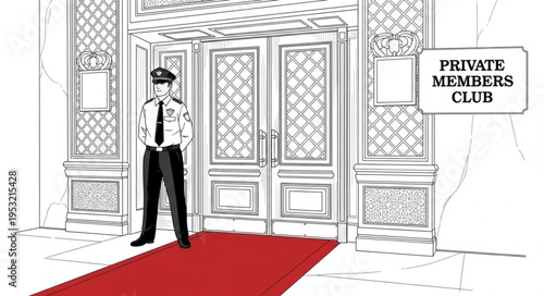 Illustration of a Private Members Club Entrance with Security Guard.