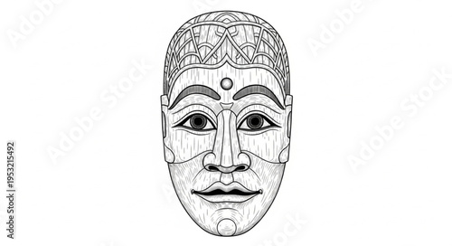 Detailed Line Art of a Traditional Asian Mask.