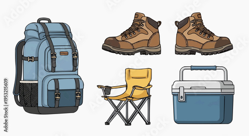 Essential outdoor gear prepared for an exciting adventure. The scene showcases a backpack, a pair of hiking boots, a portable chair, and a cooler