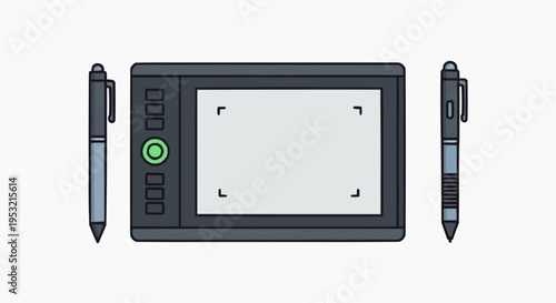 A graphic tablet and stylus, ready for digital art creation and design. The tablet has a clean and modern design, featuring a large active area for drawing and a pen for precise input