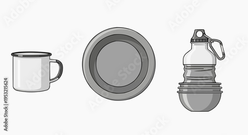 Camping essentials arranged in a row: mug, plate and water bottle, all neatly organized