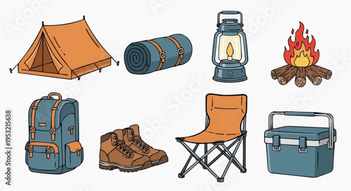 Camping essentials arranged in a illustrative layout, including a tent, sleeping bag, lantern and bonfire