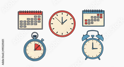 A collection of clocks and calendars for time management and scheduling. The image includes a variety of clocks and calendars.