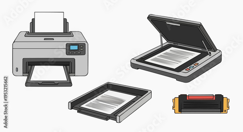 Printer and scanner are displayed on a light background, showcasing modern technology