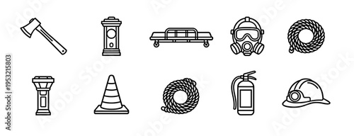 Industrial Emergency Rescue and Construction Site Safety Equipment Icons Featuring Axes Stretchers Gas Masks Cones And Protective Helmets Set