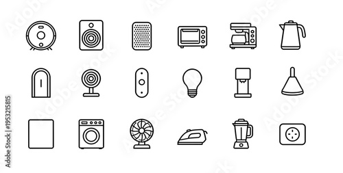 Modern smart home appliances line icon set featuring vacuum robot microwave coffee maker kettle and laundry machine for domestic technology lifestyle