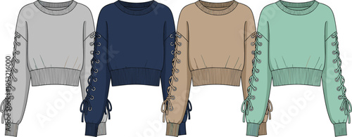 Women sweater collection, lace up sleeve cropped pullover set, fashionable knitwear apparel vector illustration in multiple colors modern clothing design