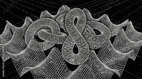 Abstract wireframe loops forming intricate geometric shapes in a dark moody vector landscape symbolizing infinity and complexity