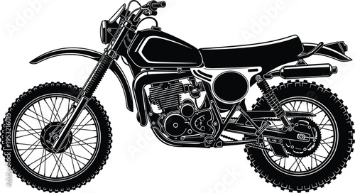 vintage off road motorcycle silhouette, classic dirt bike design, rugged two wheel vehicle, adventure riding concept, isolated black illustration, retro motorbike style