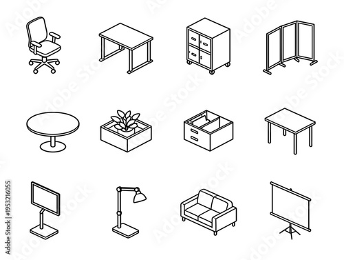 Isometric office furniture and workspace equipment icons set featuring chairs, desks, filing cabinets, projector screens and indoor plants in line style.