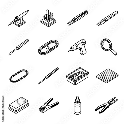 Professional electronics repair and soldering tool icons set in isometric line art including soldering iron, tweezers, multimeter and hand tools.